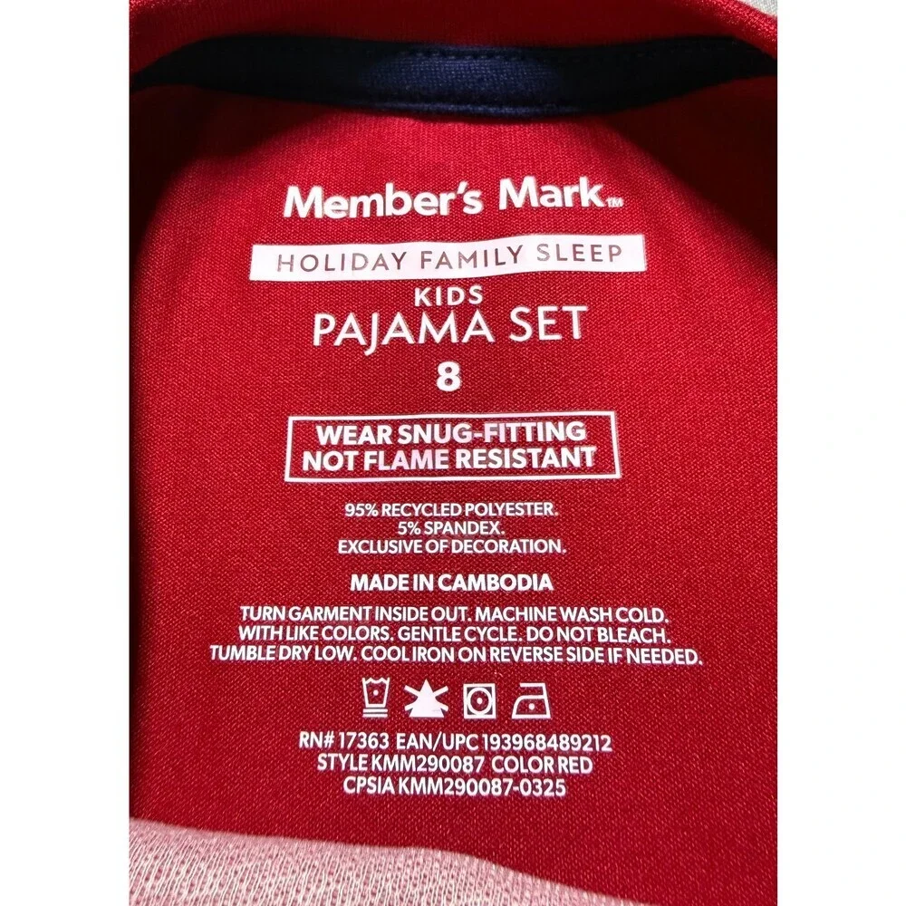 NWT Member's Mark Family Sleep 2-Piece Pajama Set Unisex Kids 8 Red Embroidered